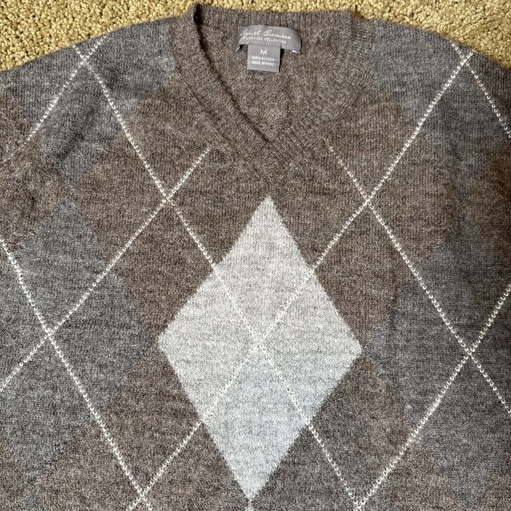 Daniel Cremieux Argyle Alpaca V Neck Sweater Made in Peru Brown M Preppy (read) - Picture 10 of 14
